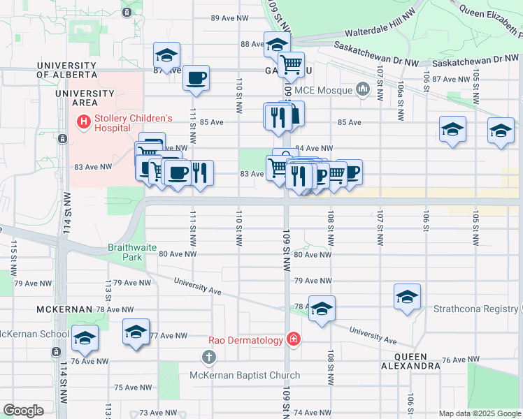 map of restaurants, bars, coffee shops, grocery stores, and more near 10940-10950 82 Avenue Northwest in Edmonton
