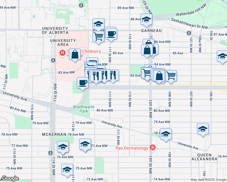 map of restaurants, bars, coffee shops, grocery stores, and more near 11044 82 Avenue Northwest in Edmonton