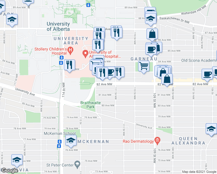 map of restaurants, bars, coffee shops, grocery stores, and more near in Edmonton