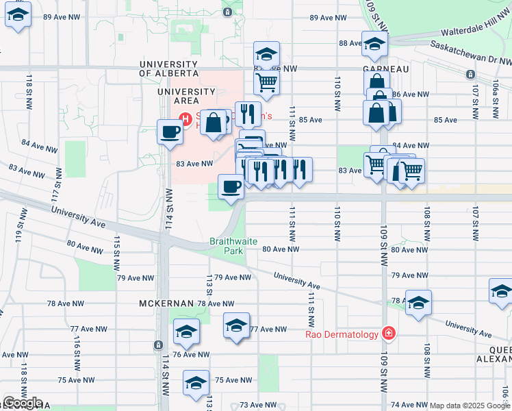 map of restaurants, bars, coffee shops, grocery stores, and more near 11170 82 Avenue Northwest in Edmonton