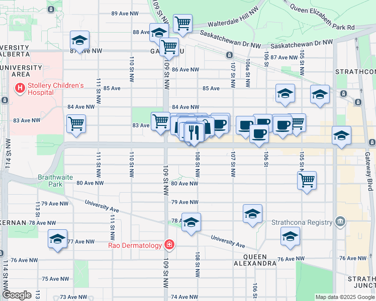 map of restaurants, bars, coffee shops, grocery stores, and more near 10764 82 Avenue Northwest in Edmonton