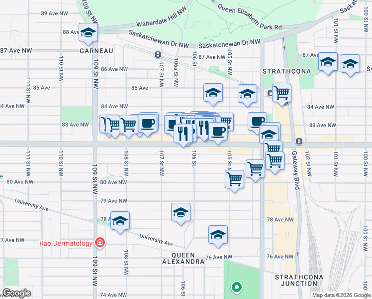 map of restaurants, bars, coffee shops, grocery stores, and more near in Edmonton