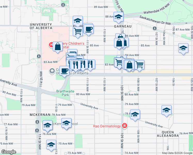 map of restaurants, bars, coffee shops, grocery stores, and more near 11025 82 Avenue Northwest in Edmonton