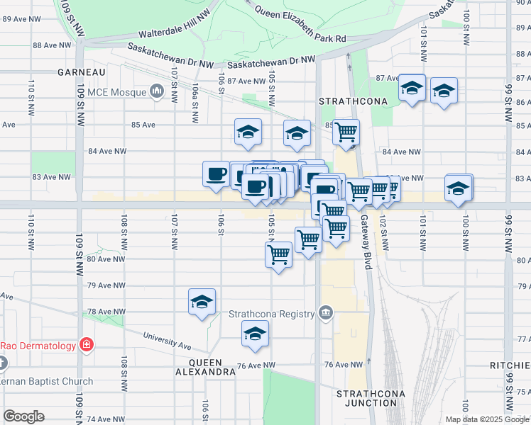 map of restaurants, bars, coffee shops, grocery stores, and more near 8225 105 Street Northwest in Edmonton
