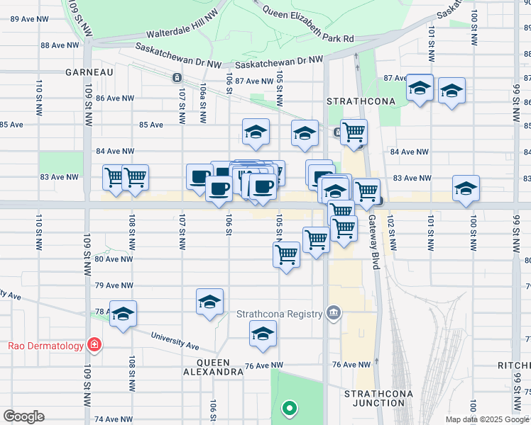 map of restaurants, bars, coffee shops, grocery stores, and more near in Edmonton