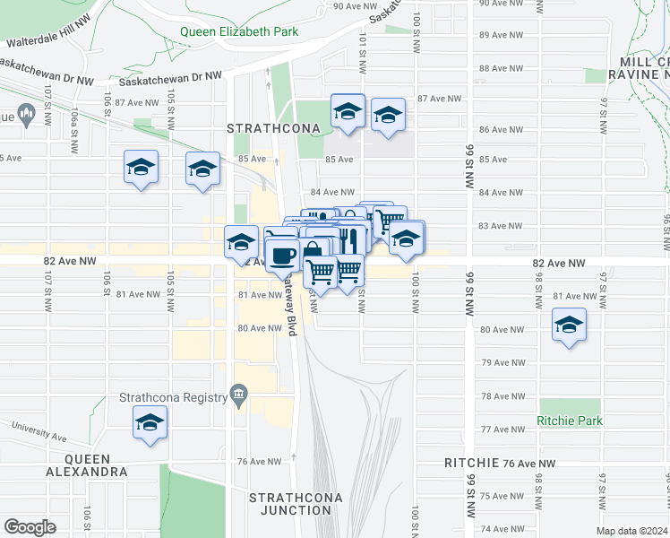 map of restaurants, bars, coffee shops, grocery stores, and more near 8135 102 Street Northwest in Edmonton