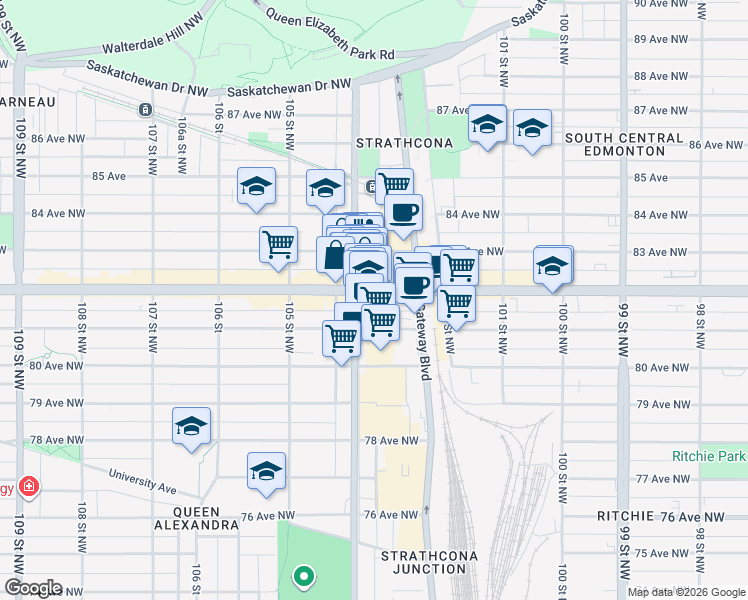 map of restaurants, bars, coffee shops, grocery stores, and more near in Edmonton