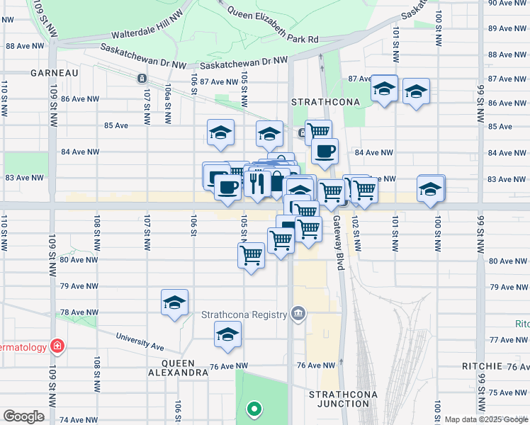 map of restaurants, bars, coffee shops, grocery stores, and more near 10438A 82 Avenue Northwest in Edmonton