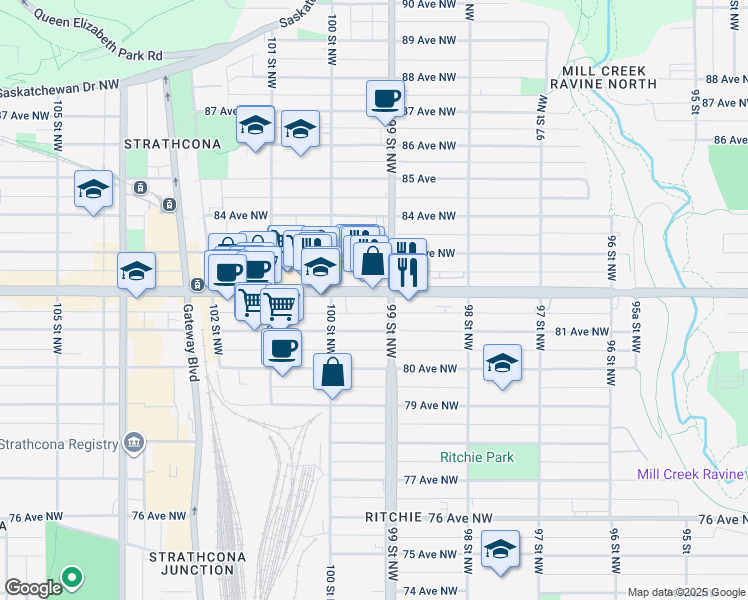 map of restaurants, bars, coffee shops, grocery stores, and more near 9930 82 Avenue Northwest in Edmonton