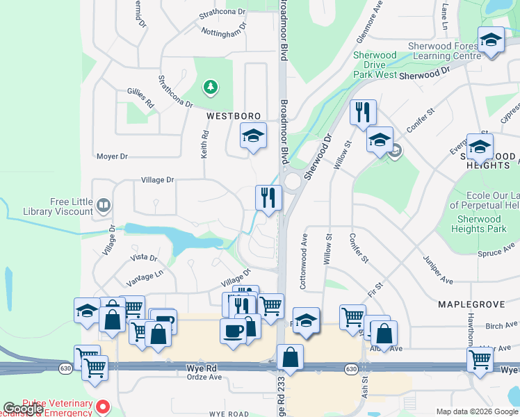 map of restaurants, bars, coffee shops, grocery stores, and more near 783 Village Drive in Sherwood Park