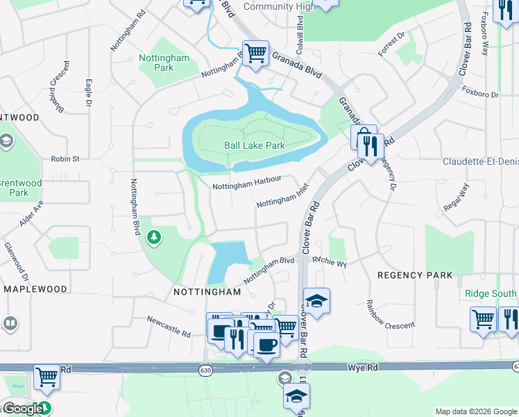 map of restaurants, bars, coffee shops, grocery stores, and more near 44 Nottingham Inlet in Sherwood Park