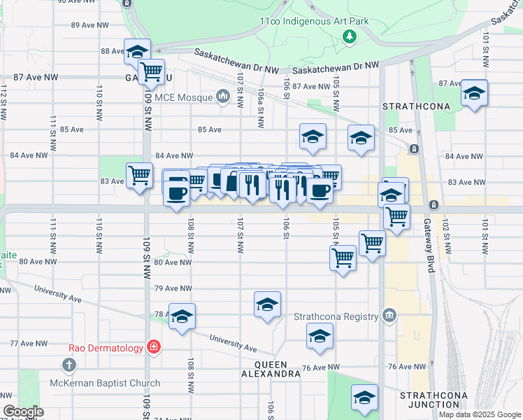 map of restaurants, bars, coffee shops, grocery stores, and more near 82 Avenue Northwest in Edmonton