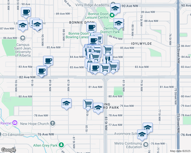 map of restaurants, bars, coffee shops, grocery stores, and more near 8333 82 Avenue Northwest in Edmonton