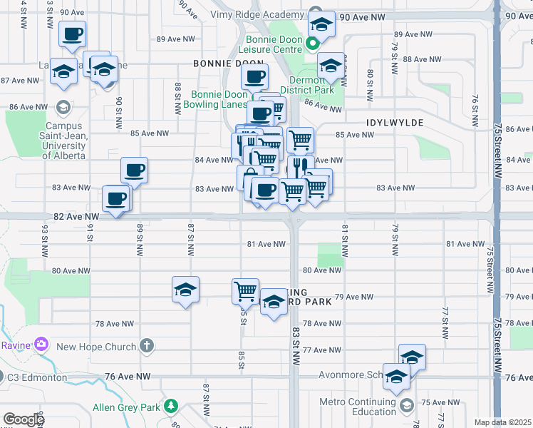 map of restaurants, bars, coffee shops, grocery stores, and more near 8330 82 Avenue Northwest in Edmonton