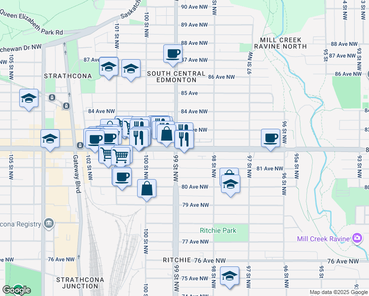 map of restaurants, bars, coffee shops, grocery stores, and more near 9884 82 Avenue Northwest in Edmonton
