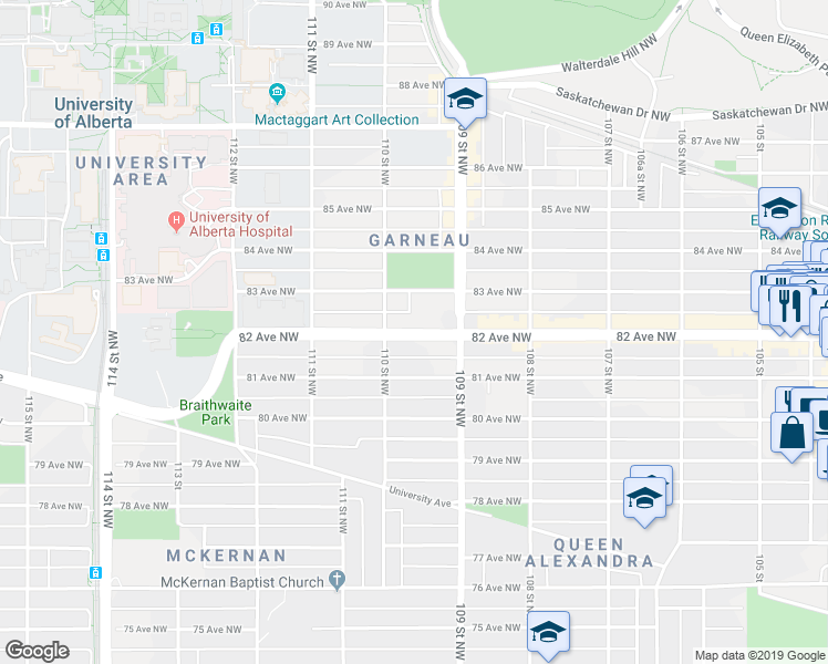 map of restaurants, bars, coffee shops, grocery stores, and more near 10940 82 Avenue Northwest in Edmonton