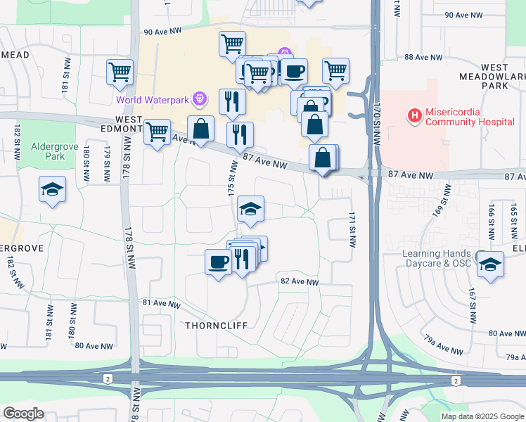 map of restaurants, bars, coffee shops, grocery stores, and more near 17328 85 Avenue Northwest in Edmonton
