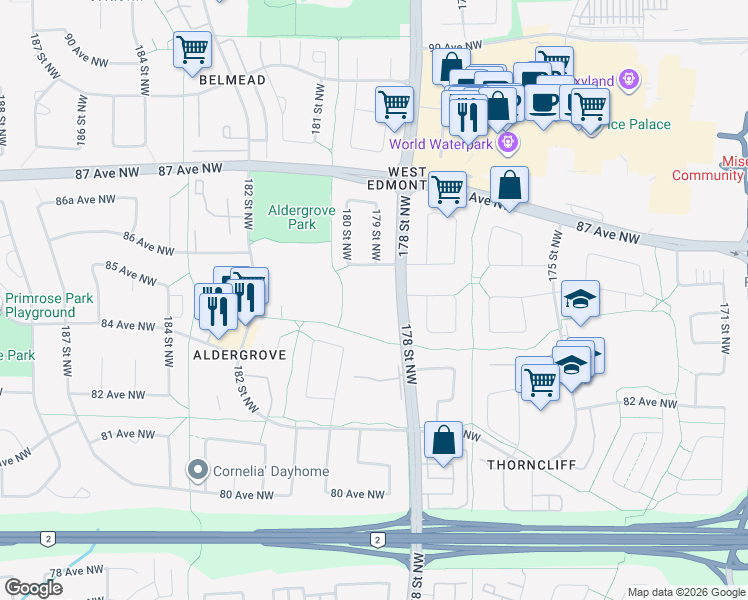 map of restaurants, bars, coffee shops, grocery stores, and more near 609a Cricket Court Northwest in Edmonton