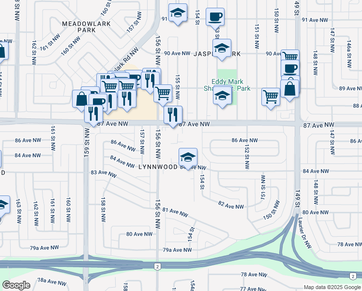 map of restaurants, bars, coffee shops, grocery stores, and more near 15424 84 Avenue Northwest in Edmonton