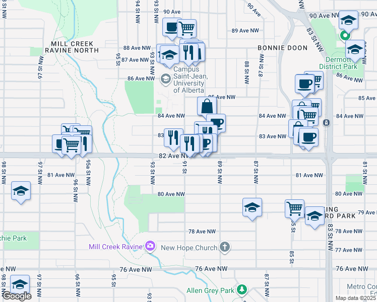 map of restaurants, bars, coffee shops, grocery stores, and more near 8943 82 Avenue Northwest in Edmonton
