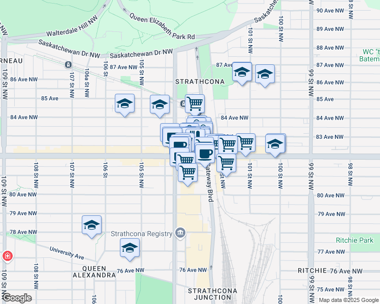 map of restaurants, bars, coffee shops, grocery stores, and more near 10326 82 Avenue Northwest in Edmonton