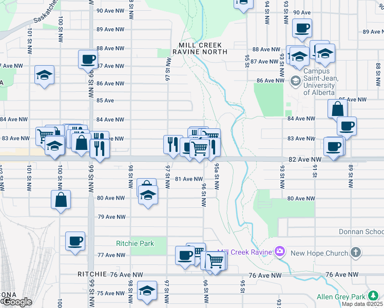 map of restaurants, bars, coffee shops, grocery stores, and more near 9630 82 Avenue Northwest in Edmonton