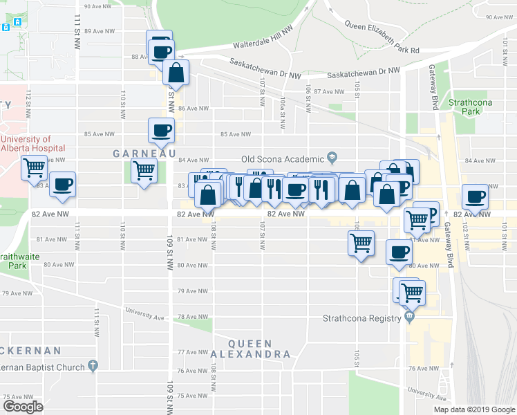 map of restaurants, bars, coffee shops, grocery stores, and more near 10666 82 Avenue Northwest in Edmonton