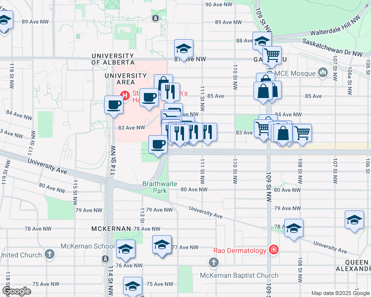 map of restaurants, bars, coffee shops, grocery stores, and more near 8215 112 Street Northwest in Edmonton