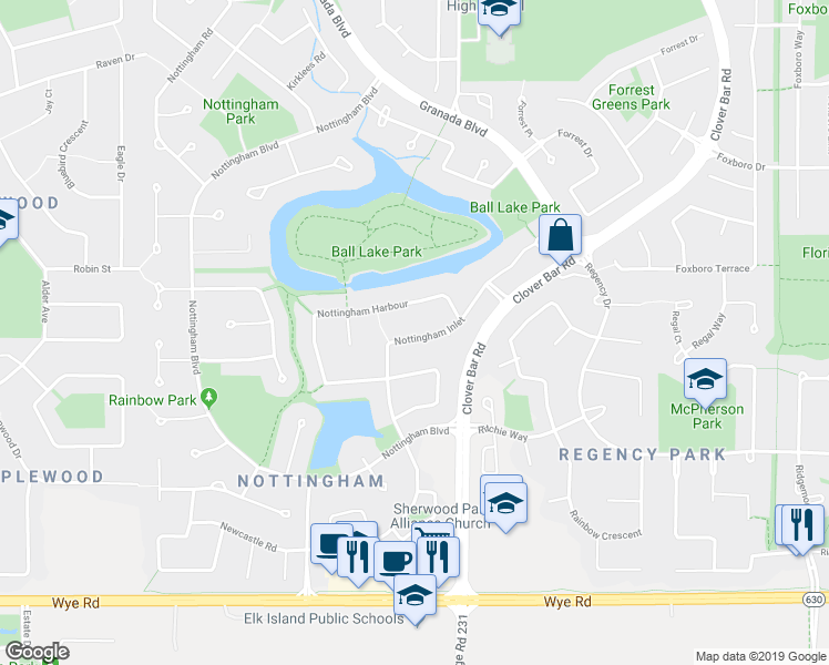 map of restaurants, bars, coffee shops, grocery stores, and more near 44 Nottingham Inlet in Sherwood Park