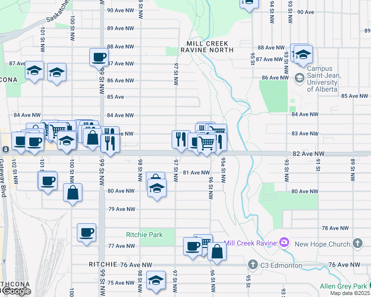 map of restaurants, bars, coffee shops, grocery stores, and more near 8214 97 Street Northwest in Edmonton