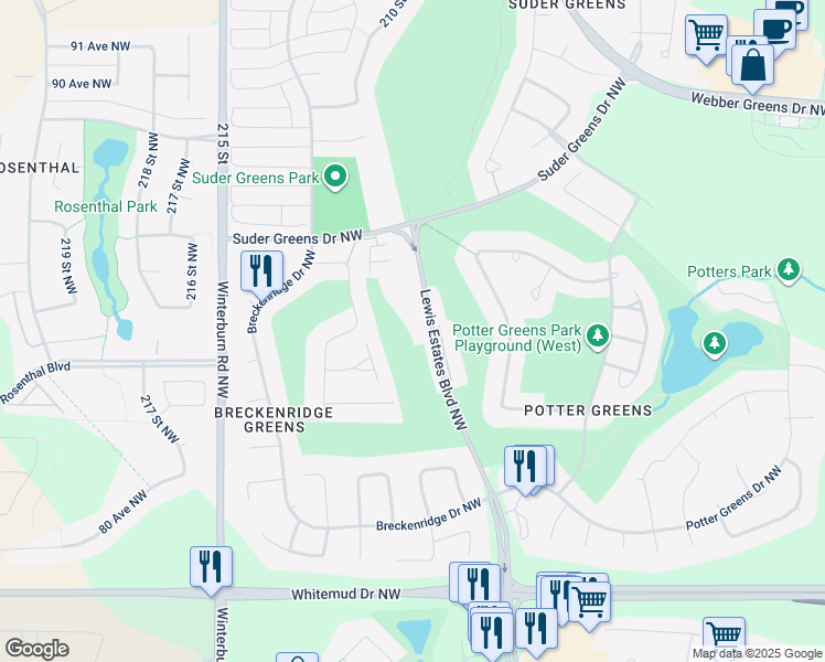 map of restaurants, bars, coffee shops, grocery stores, and more near 260 Lewis Estates Boulevard Northwest in Edmonton