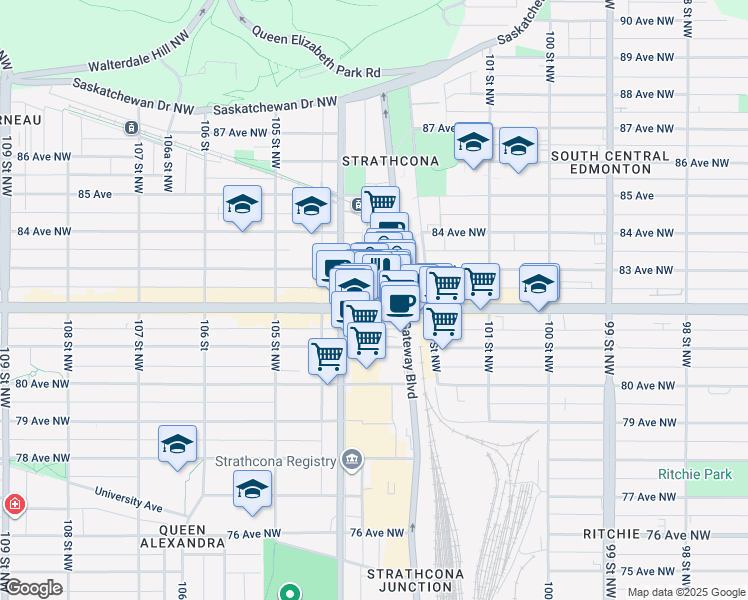map of restaurants, bars, coffee shops, grocery stores, and more near 10310 83 Avenue Northwest in Edmonton
