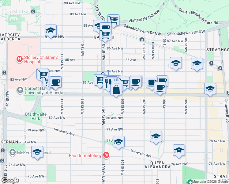 map of restaurants, bars, coffee shops, grocery stores, and more near in Edmonton