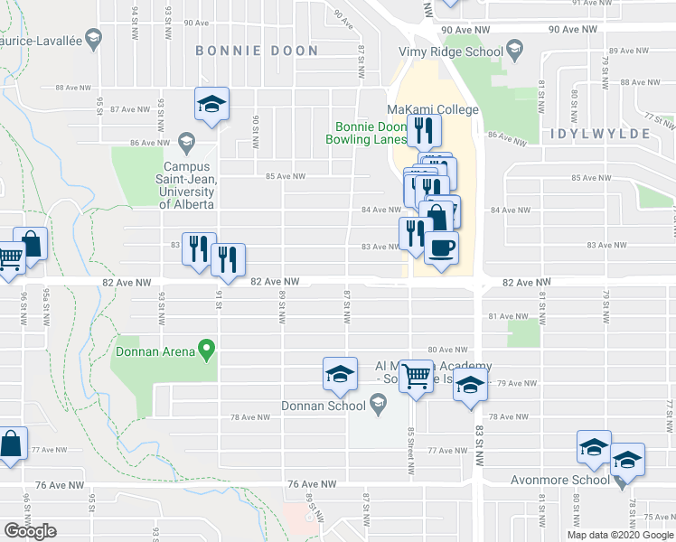 map of restaurants, bars, coffee shops, grocery stores, and more near 8704 82 Avenue Northwest in Edmonton