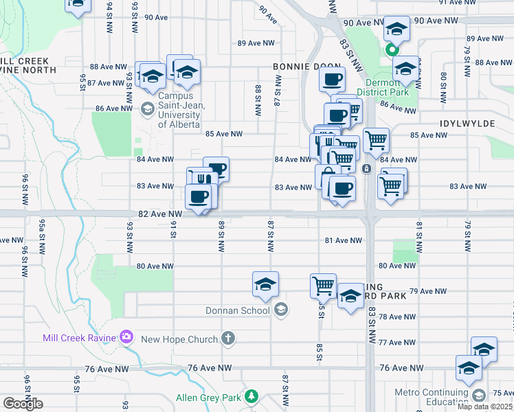 map of restaurants, bars, coffee shops, grocery stores, and more near 8704 82 Avenue Northwest in Edmonton