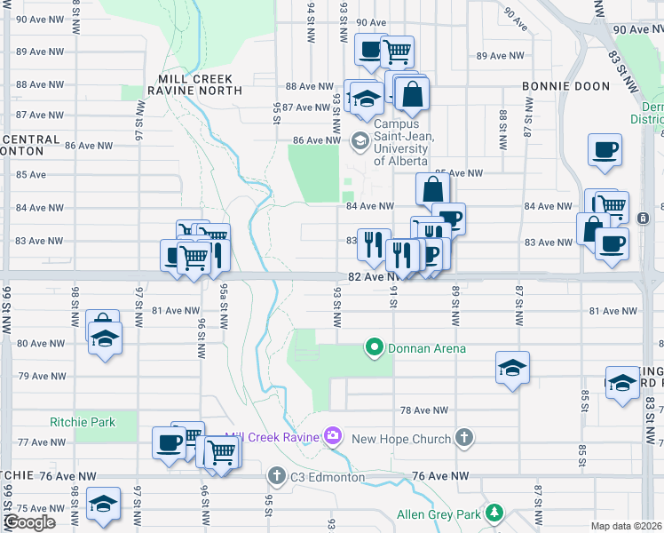 map of restaurants, bars, coffee shops, grocery stores, and more near 9310 82 Avenue Northwest in Edmonton