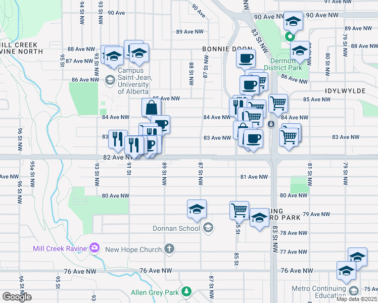 map of restaurants, bars, coffee shops, grocery stores, and more near 8722 82 Avenue Northwest in Edmonton