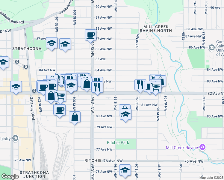 map of restaurants, bars, coffee shops, grocery stores, and more near 9821 83 Avenue Northwest in Edmonton