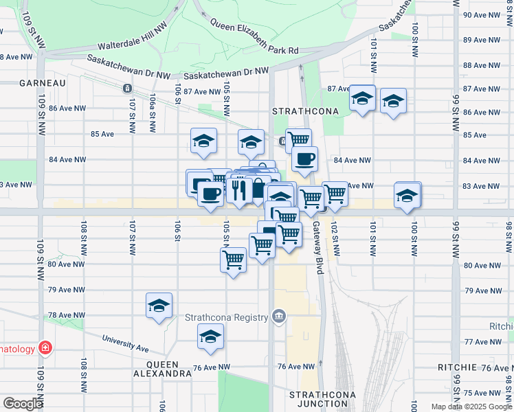 map of restaurants, bars, coffee shops, grocery stores, and more near 10438A 82 Avenue Northwest in Edmonton