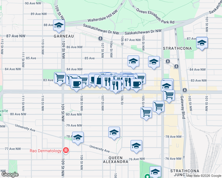 map of restaurants, bars, coffee shops, grocery stores, and more near 10636 82 Avenue Northwest in Edmonton