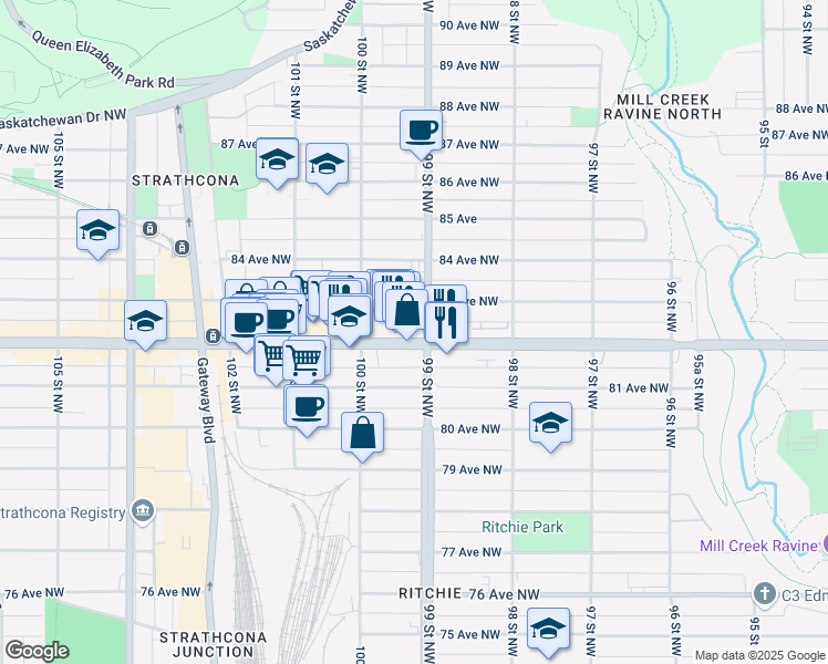 map of restaurants, bars, coffee shops, grocery stores, and more near 9930 82 Avenue Northwest in Edmonton