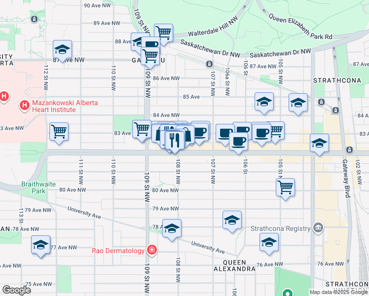 map of restaurants, bars, coffee shops, grocery stores, and more near 10764 82 Avenue Northwest in Edmonton