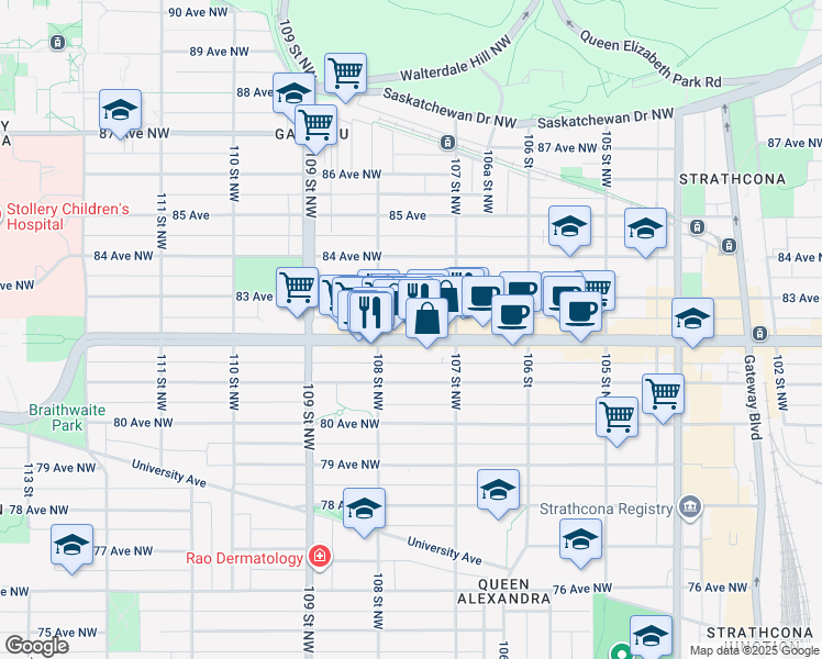 map of restaurants, bars, coffee shops, grocery stores, and more near 10742 82 Avenue Northwest in Edmonton