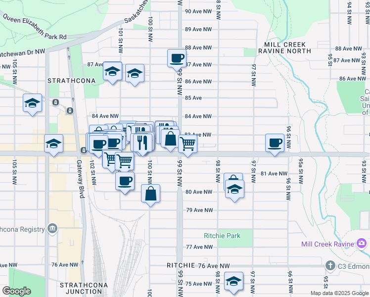 map of restaurants, bars, coffee shops, grocery stores, and more near 9884 82 Avenue Northwest in Edmonton