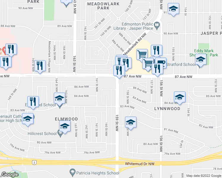 map of restaurants, bars, coffee shops, grocery stores, and more near 8320 159 Street Northwest in Edmonton