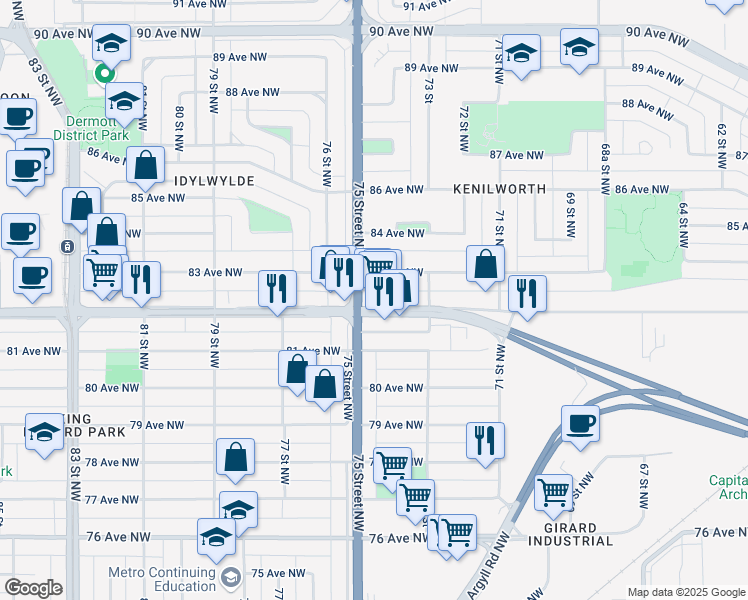 map of restaurants, bars, coffee shops, grocery stores, and more near 7419 82 Avenue Northwest in Edmonton
