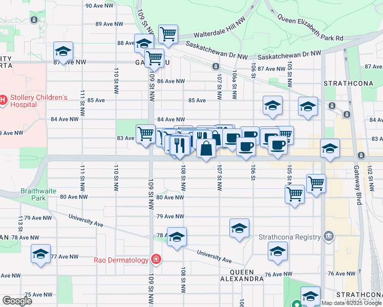 map of restaurants, bars, coffee shops, grocery stores, and more near 10742 82 Avenue Northwest in Edmonton
