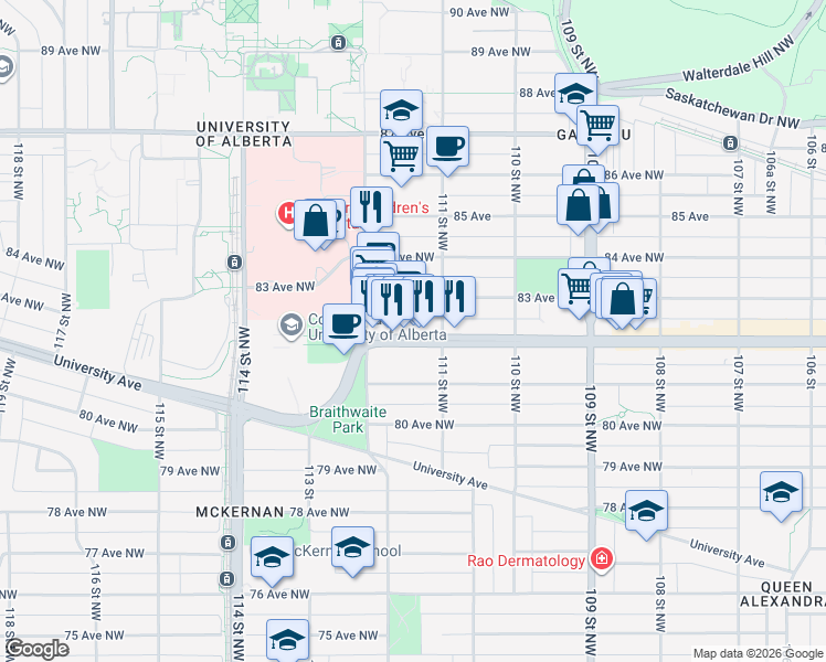 map of restaurants, bars, coffee shops, grocery stores, and more near in Edmonton