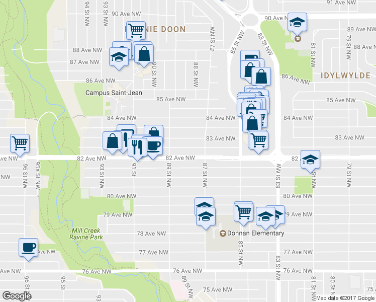 map of restaurants, bars, coffee shops, grocery stores, and more near 8722 82 Avenue Northwest in Edmonton
