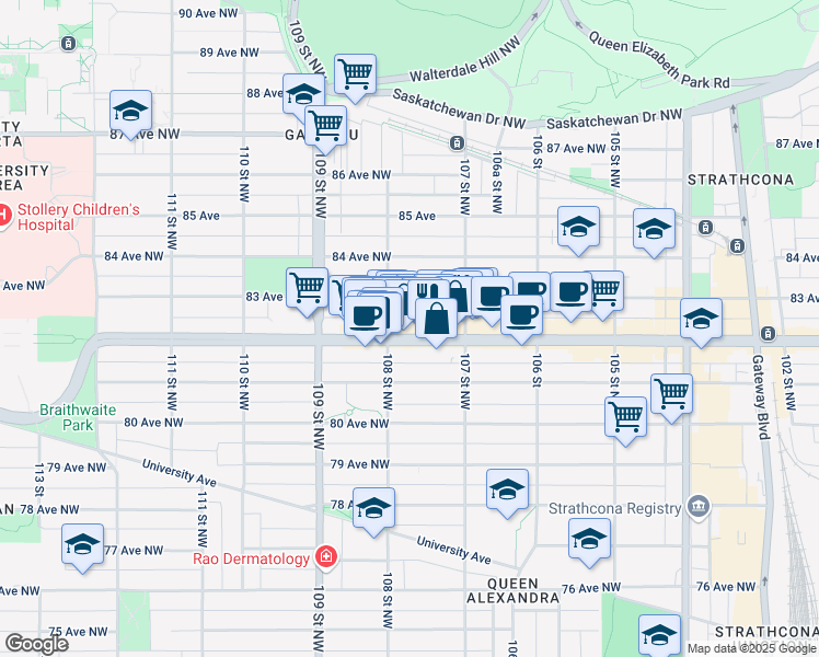 map of restaurants, bars, coffee shops, grocery stores, and more near 10742 82 Avenue Northwest in Edmonton